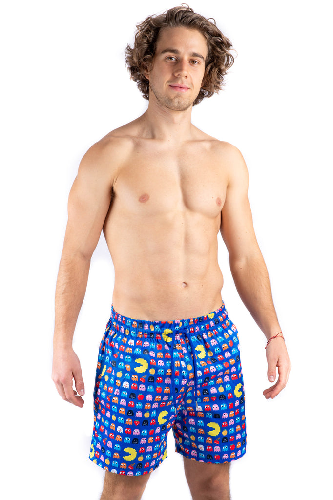 Traje De Baño Para Hombre Con Tela de Secado Rápido Con Fondo Azul Inspirado en Personajes De Colores En Pixeles De Pac-Man FullBody Frente